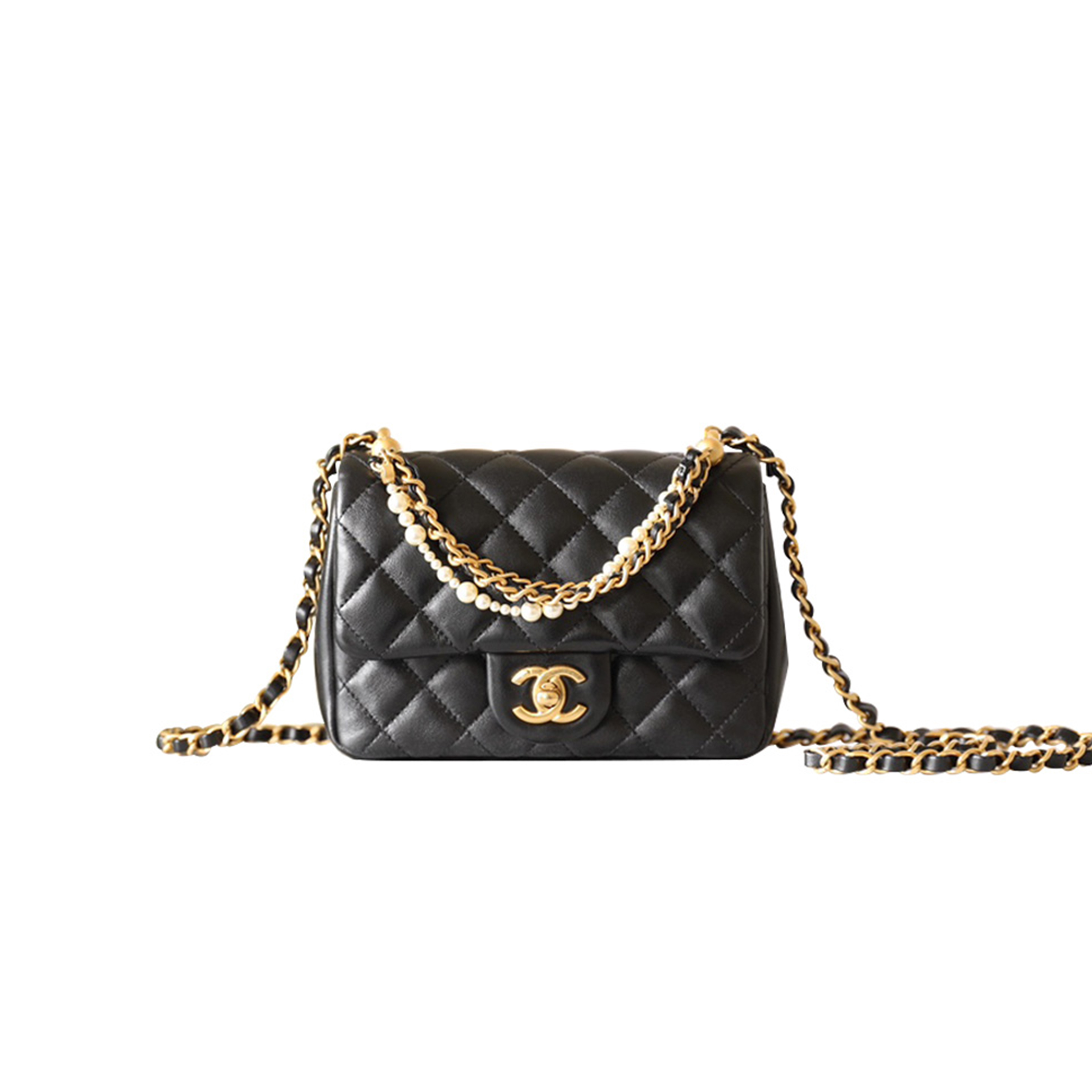 CHANEL MASTER 24P MINI PEARL CHAIN FLAP BAG BLACK AS4385 (17*12.5*5cm)